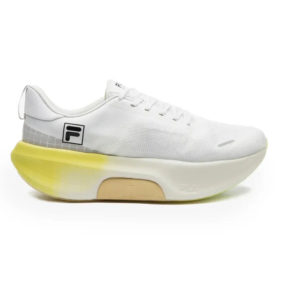Tênis Fila Speedrocker Skyfoam Feminino branco com detalhes azuis e amarelos, vista lateral direita